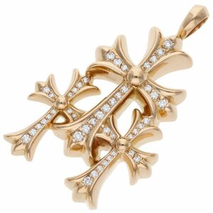 クロムハーツ ネックレストップ 22K トリプルCHクロススモール PAVEダイヤ/ゴールドペンダントネックレストップ 中古 SJ02