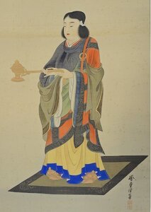 稲塚鳳堂 聖徳太子 日本画 鳳堂 柄香炉 掛け軸 掛軸 絹に彩色 角骨軸 Japanese hanging scroll 信州の日本画家 物故