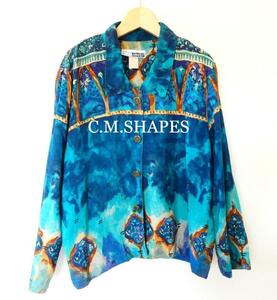 美品 個性的 古着 C.M.SHAPES サイズM 水彩画風 総柄 飾りボタン 長袖 シャツ カットソー ブルー×マルチカラー 青系