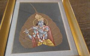 菩提樹の葉に描かれたインドの神さま　手彩色　昭和40年代頃?