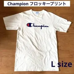 【古着】チャンピオン フロッキープリント ロゴ Tシャツ Lサイズ
