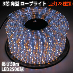 クリスマス 防滴 LED イルミネーション ３芯 角型 ロープライト ５０ｍ ２色 白 ・ シャンパン ２８種点滅 Ｂコントローラセット