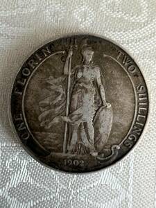 【家族私物】1902年　イギリス　2シリング銀貨　1フローリン　希少銀貨　状態良好