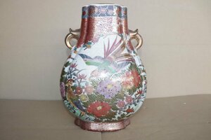 【１円スタート】薩摩焼　金彩色絵双耳花瓶　細密絵付　古美術　骨董品　時代物　高訳31.8ｃｍ　NA0831