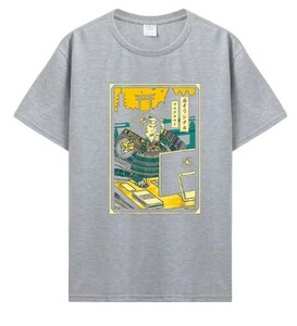 男性用半袖Tシャツ、侍オリジナルプログラマーデザイン、カラー：グレー