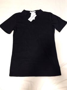 トップス２０☆新品VネックTシャツ ☆カットソー☆L☆タグ付き☆黒系☆レディース☆半袖☆未使用☆襟元スッキリ見えデザイン☆夏最終！