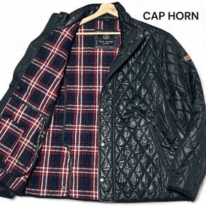 美麗品◎2XLサイズ!! CAP HORN【希少な超ビッグサイズ!!】 キルティング チェック ジャケット コート ブラック 革タグ 光沢感 秋冬◎メンズ