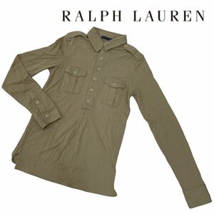 a74 ほぼ美品 ♪ RALPH LAUREN ラルフローレン 長袖 シャツ ワークシャツ トップス ハーフボタン 綿 100% 茶系 ベージュ系 メンズ L