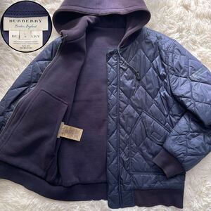 極美品 L 近年タグ リバーシブル ワッペン バーバリー ロンドン BURBERRY ネイビー 中綿入り キルティングジャケット パーカー フード 紺