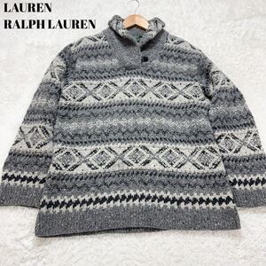 XLサイズ ローレンラルフローレン LAUREN RALPH LAUREN ハンドニット セーター ノルディック柄 ショールカラー 胡桃ボタン ウール 厚手