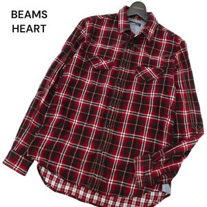 BEAMS HEART ビームス ハート 通年 長袖 Wガーゼ★ ウエスタン チェック シャツ Sz.L　メンズ 赤　C4T02739_3#C