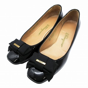 マイフェラガモ MY FERRAGAMO エナメル リボン パンプス スクエアトゥ チャンキーヒール シューズ 6/23.5cm 黒 ブラック メンズ