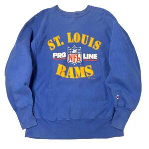 希少【ビンテージ 90s チャンピオン リバースウィーブ スウェット ブルー ３段プリント NFL ST.LOUIS RAMS】アメリカ USA メキシコ 80s