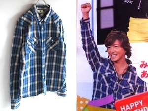 キムタク/木村拓哉さん 亀梨和也さん着 M エム washed indigo check shirts スター切り抜き インディゴチェックシャツ L ネコポス対応 TMT