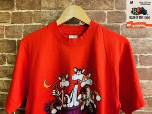 ★表記M/USA製！1985年ヴィンテージ酔っ払いキャラクター両面プリントユーズドTシャツ.Vintage.アメリカ製古着.アメカジ.猫.80