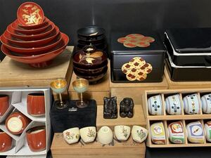 356 時代物 正月用品 和食器 置物 10箱 木箱 酒器 茶器 漆器 七ツ組盃 椀 重箱 煎茶碗 木村好博 薩摩焼 茶道具 煎茶道具 中国美術 古玩