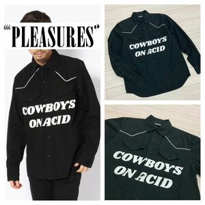 レア■PLEASURES■COWBOYS BUTTON UP ウエスタン シャツ L 黒 ブラック プリント コードパイピング プレジャーズ 上野商会 定価15400円