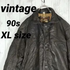 ヴィンテージ レザージャケット コート 本革 ボタン 襟付き 90s XL 黒