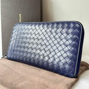 【美品 希少カラー】1円 BOTTEGA VENETA ボッテガヴェネタ イントレチャート ラウンドジップ 長財布 レザー パープル 紫