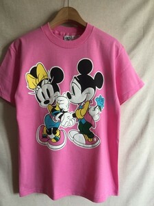 【MICKEY&CO.】Tシャツ M ミッキー＆ミニー 発泡プリント Disney ピンク USA製 90s ヴィンテージ 送料無料