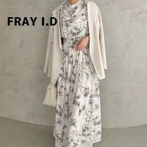 FRAY I.D クリーン フラワー シャーリング ワンピース ホワイト S 花柄 ドレープネックライン フリル プリーツ フレア 上品 フェミニン