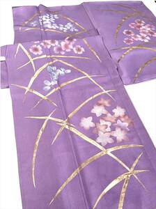 花とら●リサイクル着物　絽　訪問着　紫　変わり絽　葦に撫子　萩　大きなサイズ　絹　個性的　リメイク　素材　　240612