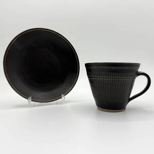 【超レア】 ルーシーリー ハンスコパー 茶釉掻き落とし カップ＆ソーサー Lucie Rie 1客 刻印有 アンティーク ヴィンテージ 民芸 柳宗悦