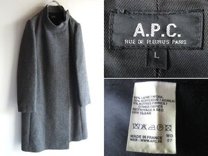 希少 ビンテージ A.P.C. アーペーセー ウール ヘリンボーンツイード スタンドカラーコート L フランス製 イーストバイウエスト 男女着用可