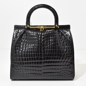 【極美品 】本物 クロコダイル genuine Crocodile シャインクロコ エキゾチック レザー ハンドバッグ ターンロック金具 ブラック 黒