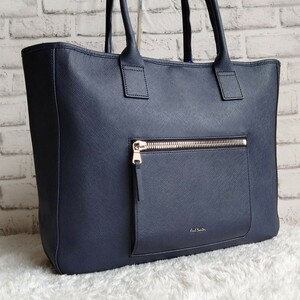 Paul Smith ポールスミス トートバッグ ビジネス 肩掛け A4収納可 サフィアーノ レザー ネイビー 紺 ロゴ金具 マルチカラー 大容量 メンズ