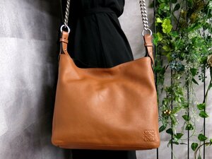 ●超美品●LOEWE ロエベ●アナグラム●ロゴ型押し●カーフ レザー 本革●チェーン ショルダー バッグ●ブラウン●SV金具●B5 収納●Js46859