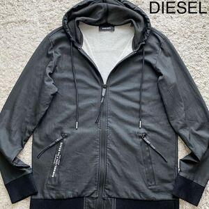 極美品/XLサイズ●ディーゼル DIESEL 樹脂コーティングスウェット レザー調 ジップ パーカー ジャケット フード ブルゾン 止水ジップ 黒 