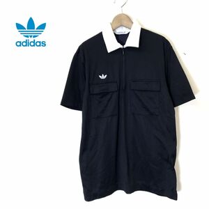 R1490-N◆old◆ 80s~ adidas アディダス 半袖シャツ ハーフジップ ポロシャツ トップス ◆ sizeL ブラック ポリエステル100 古着