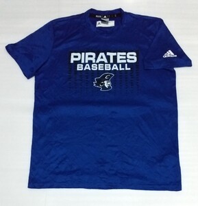 ☆adidas.com サイズL(ジャパン2XO)半袖Tシャツ PIRATESスポーツBASEBALLフアッション洗濯済ウェア軽量ストレッチ青色ブルーTEE アディダス