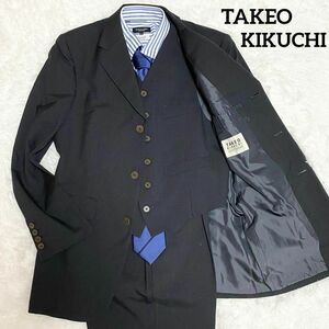 A89 美品　TAKEO KIKUCHI　タケオキクチ　スーツセット　ブラック　黒　マイクロチェック　1表記　S相当　スリーピース　3ピース