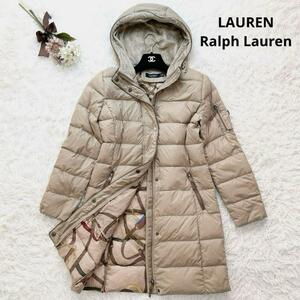 高級感 Ralph Lauren ローレンラルフローレン ロングダウンコート ベージュ スカーフ柄 フード M相当 ボア 美シルエット Aライン ロゴ入り 