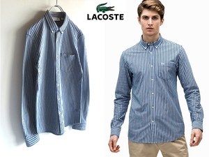 ネコポス対応 LACOSTE シルバーラコステ PH781E 銀ワニ ストライプビズポロシャツ ストレッチ鹿の子BDシャツ FR:2/US:XS ネイビー 日本製