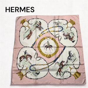 HERMES エルメス シルク100% スカーフ Pampa パンパ 大草原 犬 馬 ピンク カウボーイ 騎馬隊 ジャン・ド・フジェロール レディース カレ