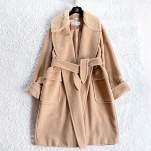 MaxMara マックスマーラ キャメル100% 白タグ ラップコート ガウンコート ロングコート ベルト ファー J40 XL相 レディース ベージュ