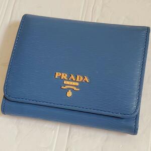 美品 PRADA プラダ サフィアーノ 3作り折り 三つ折り財布 ブルー コンパクトウォレットゴールド金具 小銭入れ レアカラーメンズ レディース