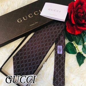 GUCCI グッチ メンズ 男性 紳士 ネクタイ ブランドネクタイ 総柄 GG柄 ブラウン 茶 ビジネス 結婚式 新品未使用 新品 未使用 剣先 9.8cm