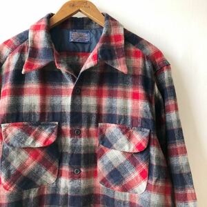 70s PENDLETON オンブレ ループカラー ウール 長袖 シャツ L レッド ネイビー USA製 ビンテージ 70年代 ペンドルトン 開襟 ヴィンテージ