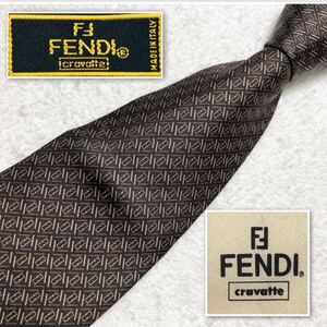 ■美品■FENDI フェンディ　ネクタイ　FFロゴ　格子風　総柄　シルク100% イタリア製　ブラウン×ベージュ　ビジネス