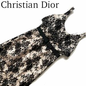 【送料無料】Christian Dior クリスチャンディオール レース　ドレス　ワンピース　花柄　レディース　リボン　二重構造　Aライン　36
