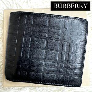 付属品付き / BURBERRY バーバリー エンボスチェックバイフォールドウォレット 二つ折り財布 札入れ 小銭入れ エンボスレザー ブラック