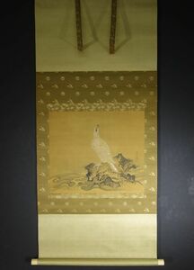 【真作】狩野派　狩野常信　白鷹之図　金襴表装　中国画　室町水墨　　A205二Dw