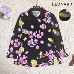 美品✨レオナール　カットソー　ファスナー　ポロシャツ　黒　花柄　フラワー　40