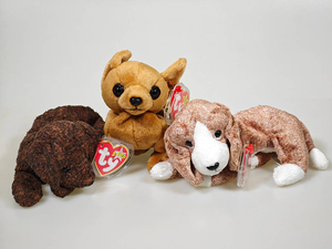 Tyぬいぐるみ Ty Beanie Babies レアもの 犬3体、タグはカバー付 コレクター ケースの中で保管