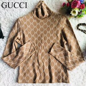 定価25万 美品 GUCCI【圧倒的なセレブ感】グッチ ハイネックセーター ニット カシミヤ&シルク混 GG 春秋冬 モカブラウン S