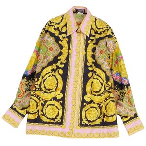 美品 Vintage ジャンニヴェルサーチ GIANNI VERSACE ボタンダウンシャツ ブラウス 長袖 総柄 メデューサ シルク 38(S) ce01dr-rm10f12997